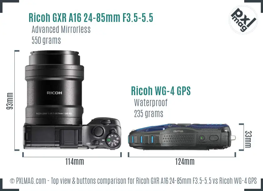 Ricoh GXR A16 24-85mm F3.5-5.5 vs Ricoh WG-4 GPS top view buttons comparison