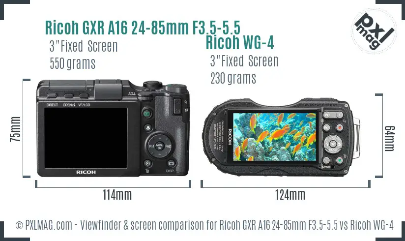 Ricoh GXR A16 24-85mm F3.5-5.5 vs Ricoh WG-4 Screen and Viewfinder comparison