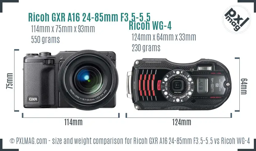 Ricoh GXR A16 24-85mm F3.5-5.5 vs Ricoh WG-4 size comparison