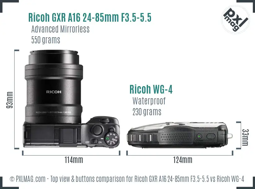 Ricoh GXR A16 24-85mm F3.5-5.5 vs Ricoh WG-4 top view buttons comparison