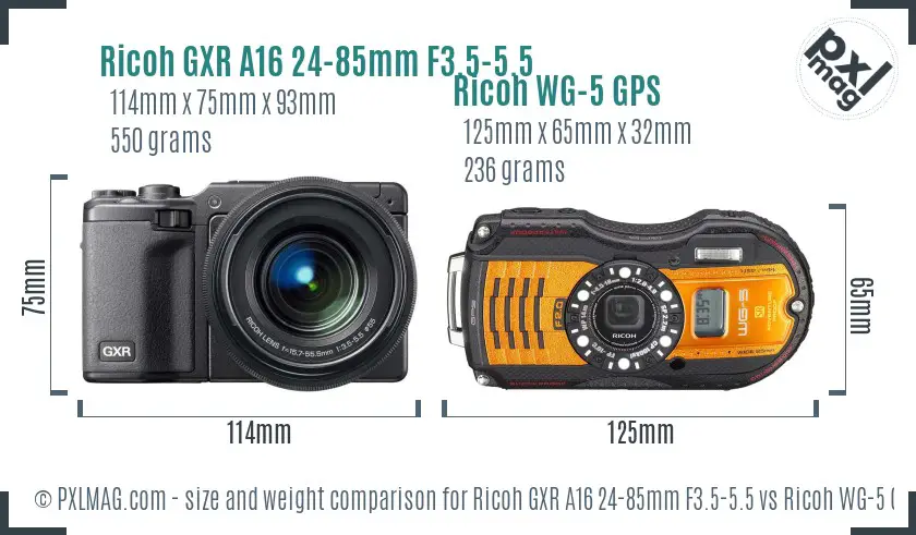 Ricoh GXR A16 24-85mm F3.5-5.5 vs Ricoh WG-5 GPS size comparison