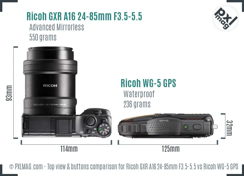 Ricoh GXR A16 24-85mm F3.5-5.5 vs Ricoh WG-5 GPS top view buttons comparison