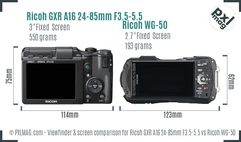 Ricoh GXR A16 24-85mm F3.5-5.5 vs Ricoh WG-50 Screen and Viewfinder comparison