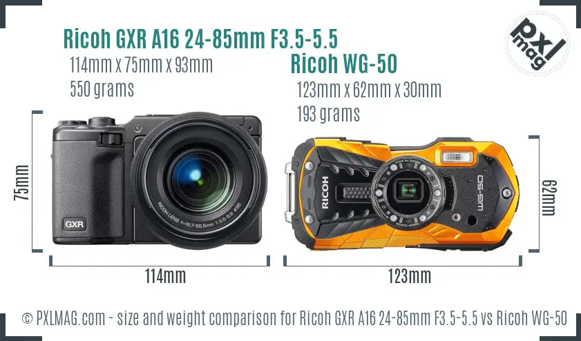 Ricoh GXR A16 24-85mm F3.5-5.5 vs Ricoh WG-50 size comparison