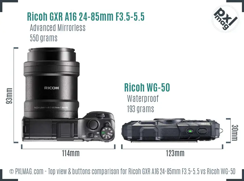 Ricoh GXR A16 24-85mm F3.5-5.5 vs Ricoh WG-50 top view buttons comparison