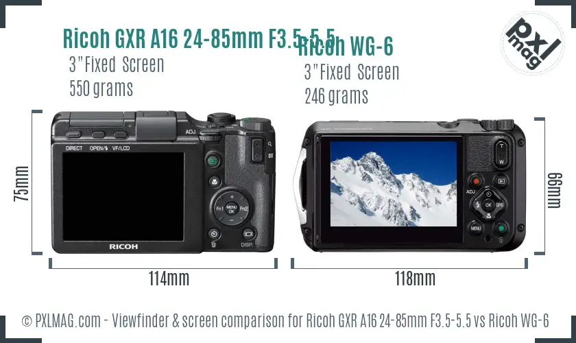 Ricoh GXR A16 24-85mm F3.5-5.5 vs Ricoh WG-6 Screen and Viewfinder comparison