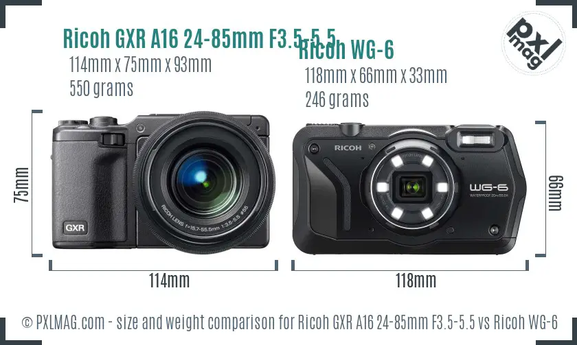 Ricoh GXR A16 24-85mm F3.5-5.5 vs Ricoh WG-6 size comparison