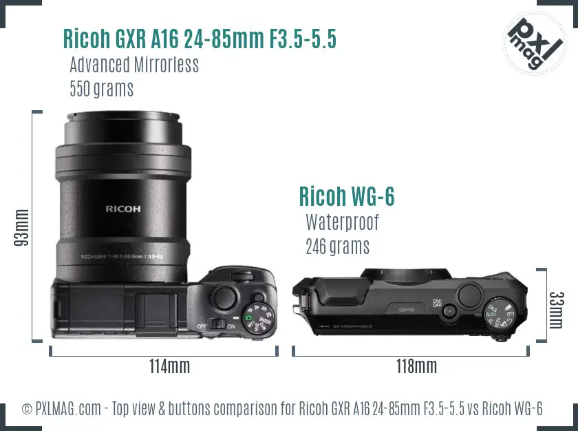 Ricoh GXR A16 24-85mm F3.5-5.5 vs Ricoh WG-6 top view buttons comparison