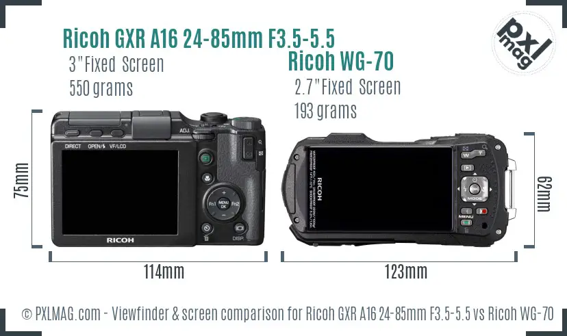 Ricoh GXR A16 24-85mm F3.5-5.5 vs Ricoh WG-70 Screen and Viewfinder comparison