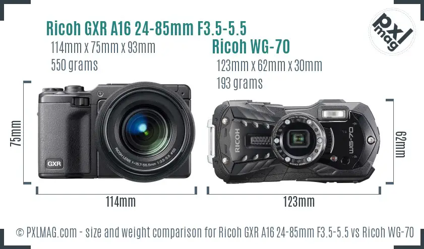 Ricoh GXR A16 24-85mm F3.5-5.5 vs Ricoh WG-70 size comparison