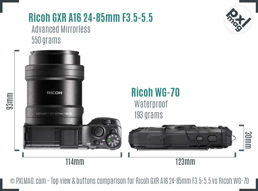 Ricoh GXR A16 24-85mm F3.5-5.5 vs Ricoh WG-70 top view buttons comparison