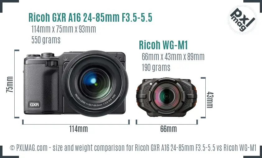 Ricoh GXR A16 24-85mm F3.5-5.5 vs Ricoh WG-M1 size comparison