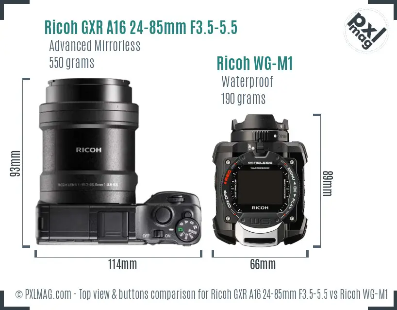 Ricoh GXR A16 24-85mm F3.5-5.5 vs Ricoh WG-M1 top view buttons comparison