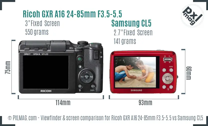 Ricoh GXR A16 24-85mm F3.5-5.5 vs Samsung CL5 Screen and Viewfinder comparison