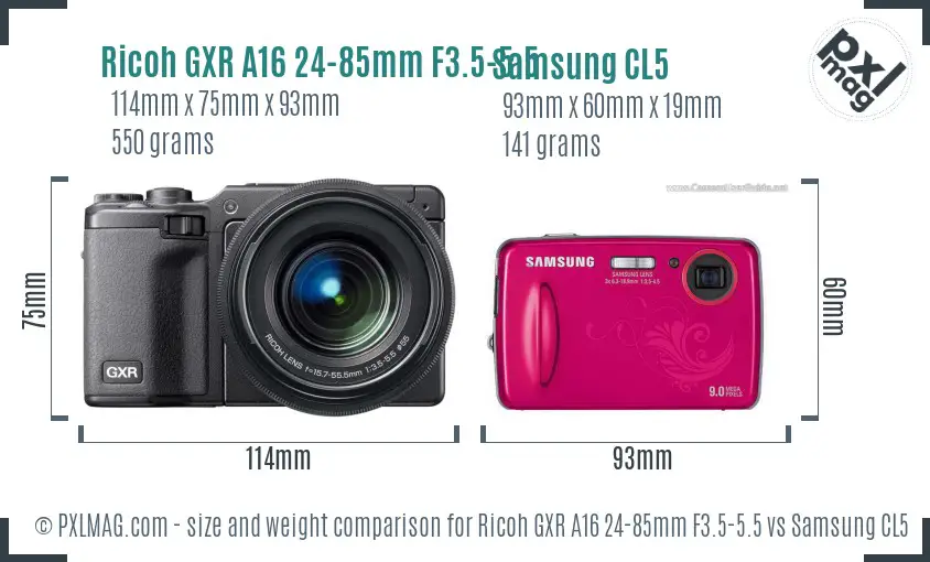 Ricoh GXR A16 24-85mm F3.5-5.5 vs Samsung CL5 size comparison