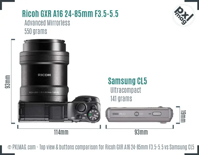 Ricoh GXR A16 24-85mm F3.5-5.5 vs Samsung CL5 top view buttons comparison