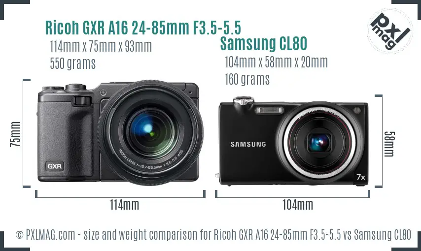 Ricoh GXR A16 24-85mm F3.5-5.5 vs Samsung CL80 size comparison