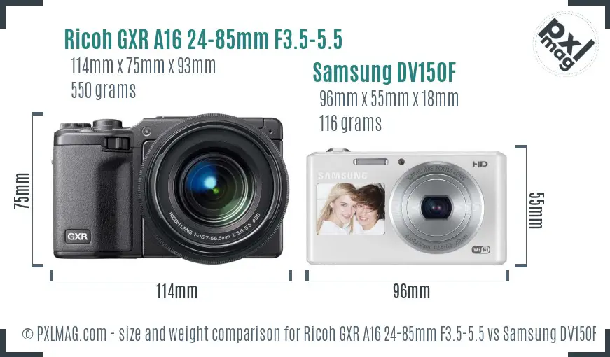 Ricoh GXR A16 24-85mm F3.5-5.5 vs Samsung DV150F size comparison