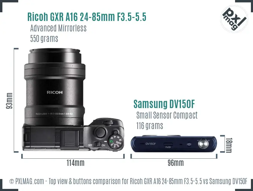 Ricoh GXR A16 24-85mm F3.5-5.5 vs Samsung DV150F top view buttons comparison