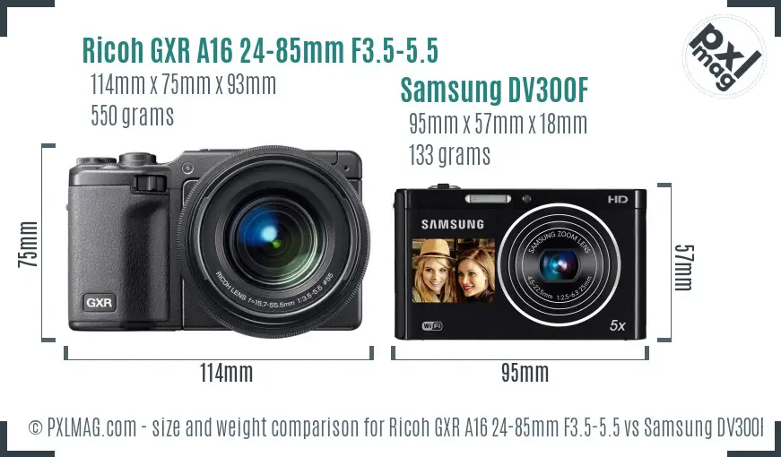 Ricoh GXR A16 24-85mm F3.5-5.5 vs Samsung DV300F size comparison