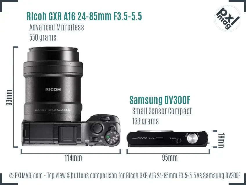 Ricoh GXR A16 24-85mm F3.5-5.5 vs Samsung DV300F top view buttons comparison