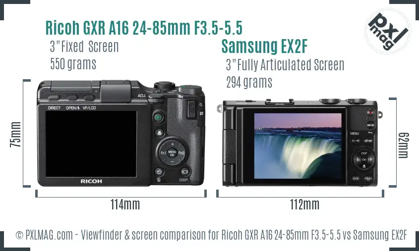 Ricoh GXR A16 24-85mm F3.5-5.5 vs Samsung EX2F Screen and Viewfinder comparison