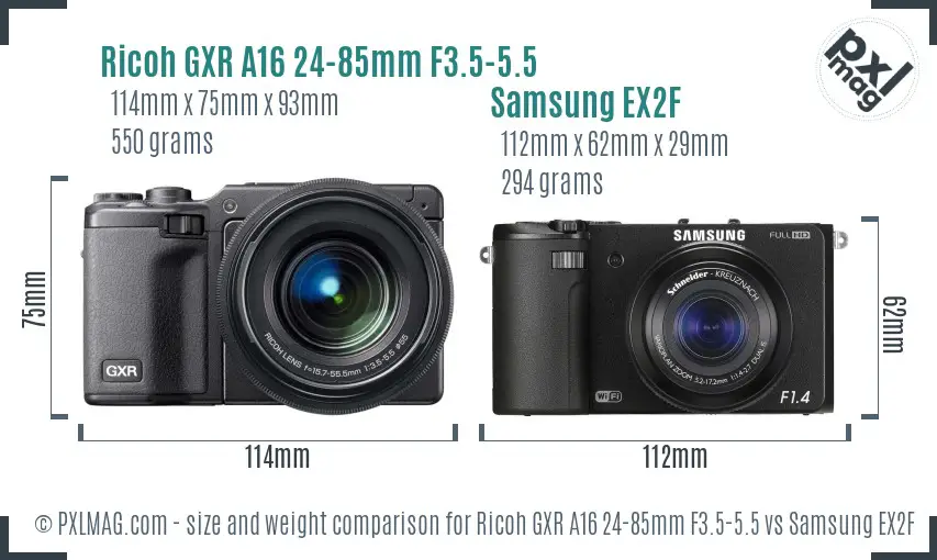 Ricoh GXR A16 24-85mm F3.5-5.5 vs Samsung EX2F size comparison