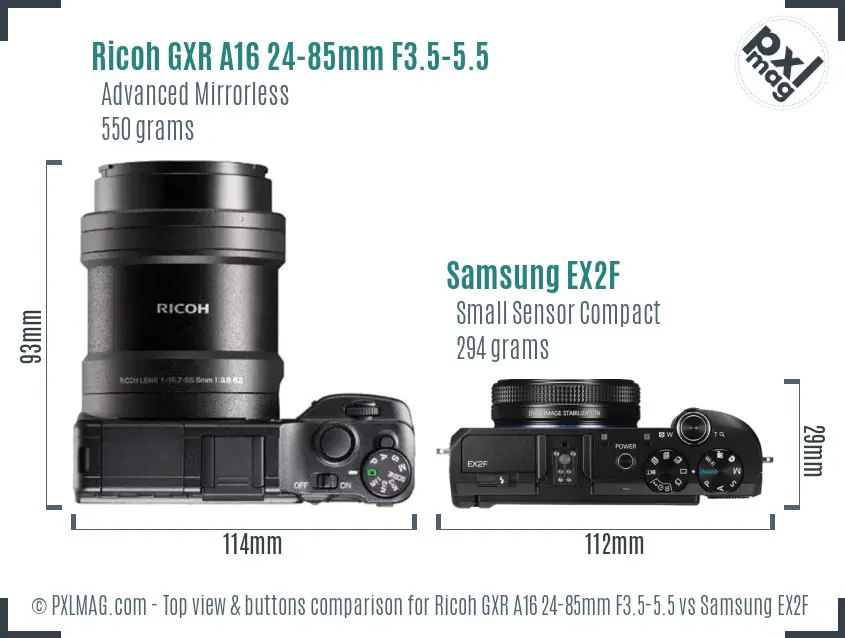Ricoh GXR A16 24-85mm F3.5-5.5 vs Samsung EX2F top view buttons comparison
