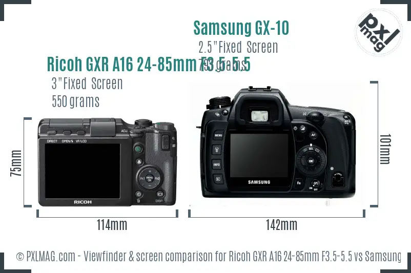 Ricoh GXR A16 24-85mm F3.5-5.5 vs Samsung GX-10 Screen and Viewfinder comparison