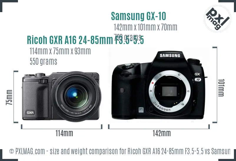 Ricoh GXR A16 24-85mm F3.5-5.5 vs Samsung GX-10 size comparison
