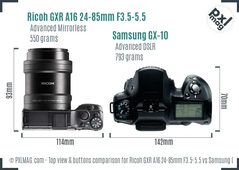 Ricoh GXR A16 24-85mm F3.5-5.5 vs Samsung GX-10 top view buttons comparison