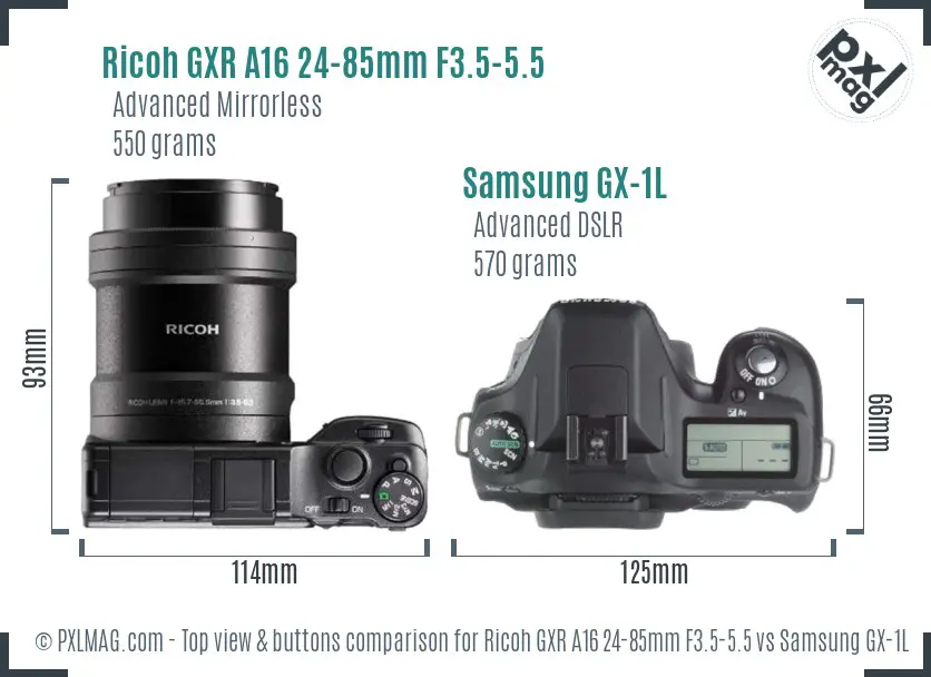 Ricoh GXR A16 24-85mm F3.5-5.5 vs Samsung GX-1L top view buttons comparison