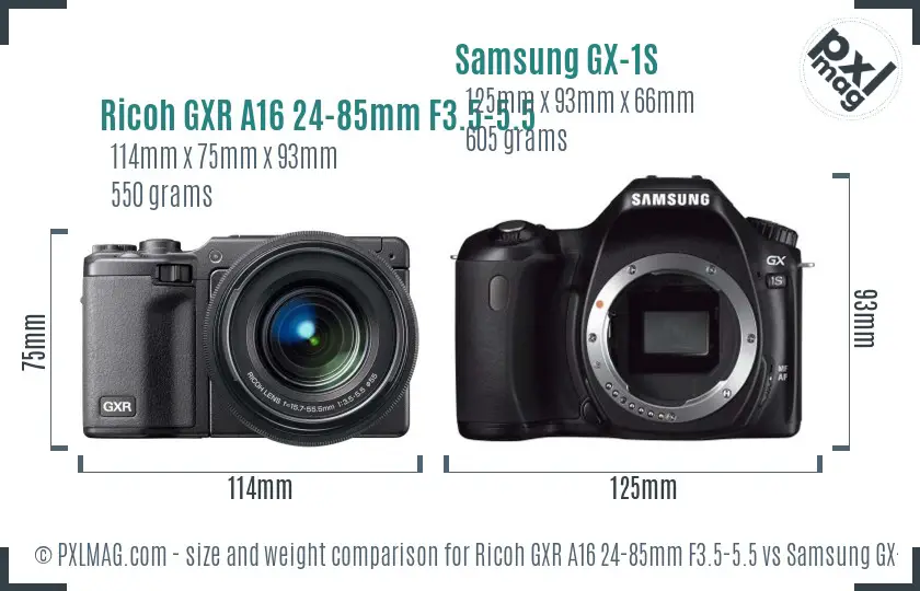 Ricoh GXR A16 24-85mm F3.5-5.5 vs Samsung GX-1S size comparison