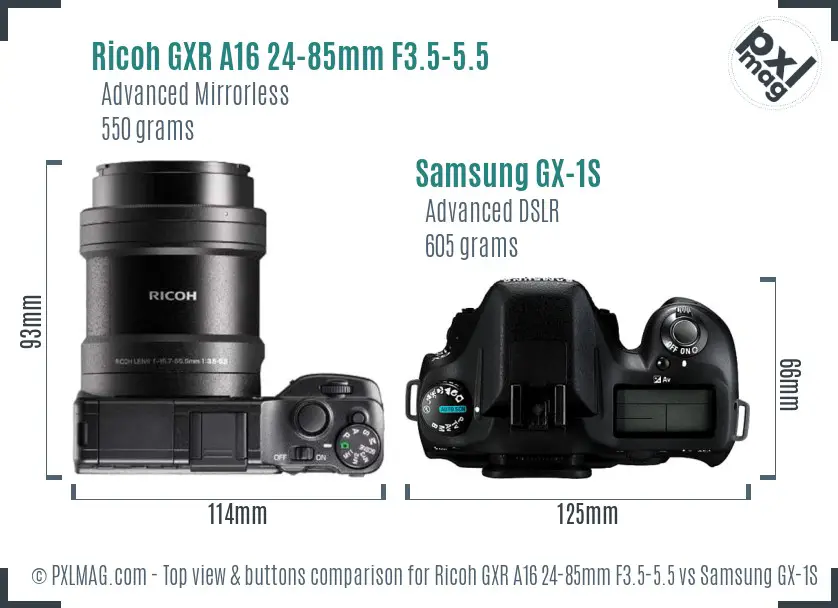 Ricoh GXR A16 24-85mm F3.5-5.5 vs Samsung GX-1S top view buttons comparison