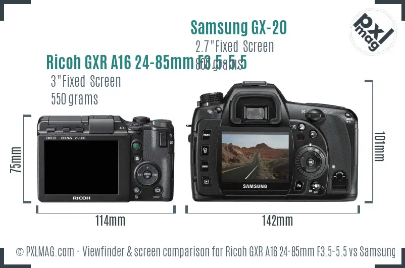 Ricoh GXR A16 24-85mm F3.5-5.5 vs Samsung GX-20 Screen and Viewfinder comparison