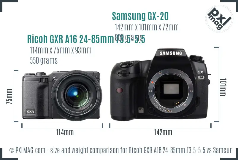 Ricoh GXR A16 24-85mm F3.5-5.5 vs Samsung GX-20 size comparison