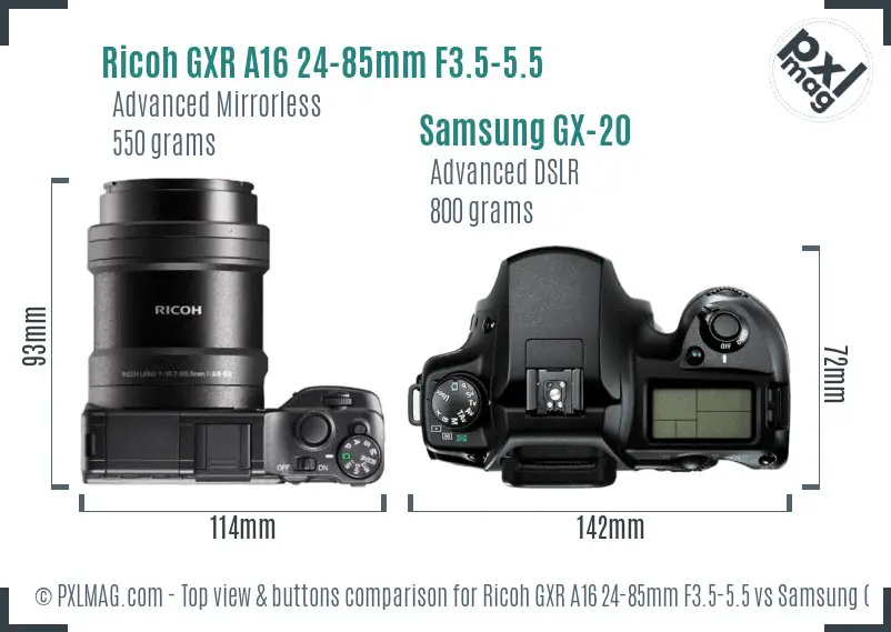 Ricoh GXR A16 24-85mm F3.5-5.5 vs Samsung GX-20 top view buttons comparison