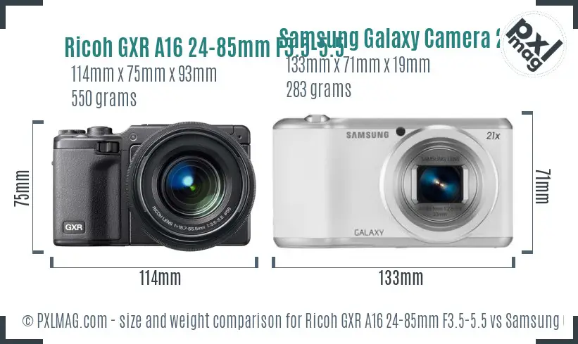 Ricoh GXR A16 24-85mm F3.5-5.5 vs Samsung Galaxy Camera 2 size comparison