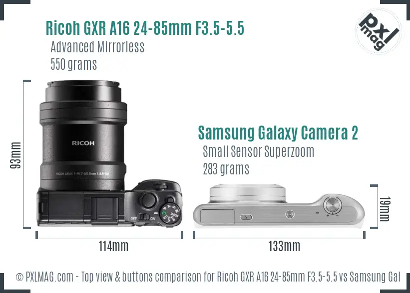 Ricoh GXR A16 24-85mm F3.5-5.5 vs Samsung Galaxy Camera 2 top view buttons comparison