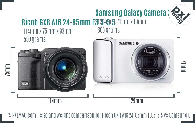 Ricoh GXR A16 24-85mm F3.5-5.5 vs Samsung Galaxy Camera 3G size comparison