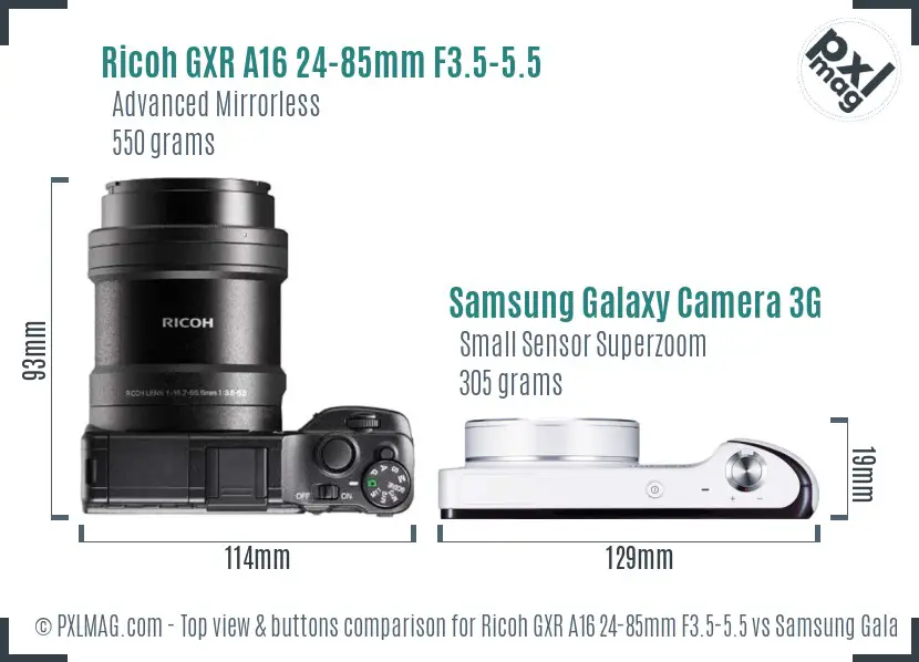 Ricoh GXR A16 24-85mm F3.5-5.5 vs Samsung Galaxy Camera 3G top view buttons comparison