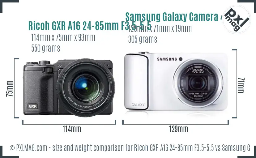 Ricoh GXR A16 24-85mm F3.5-5.5 vs Samsung Galaxy Camera 4G size comparison