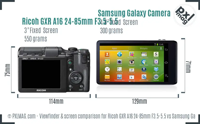 Ricoh GXR A16 24-85mm F3.5-5.5 vs Samsung Galaxy Camera Screen and Viewfinder comparison