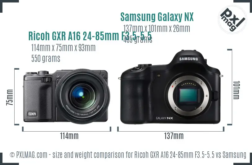 Ricoh GXR A16 24-85mm F3.5-5.5 vs Samsung Galaxy NX size comparison