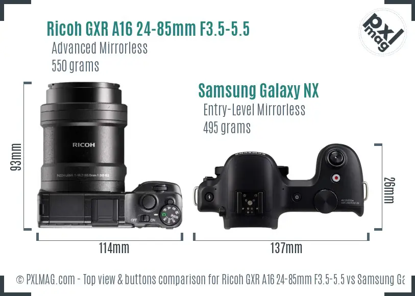 Ricoh GXR A16 24-85mm F3.5-5.5 vs Samsung Galaxy NX top view buttons comparison