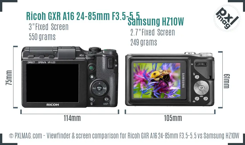 Ricoh GXR A16 24-85mm F3.5-5.5 vs Samsung HZ10W Screen and Viewfinder comparison