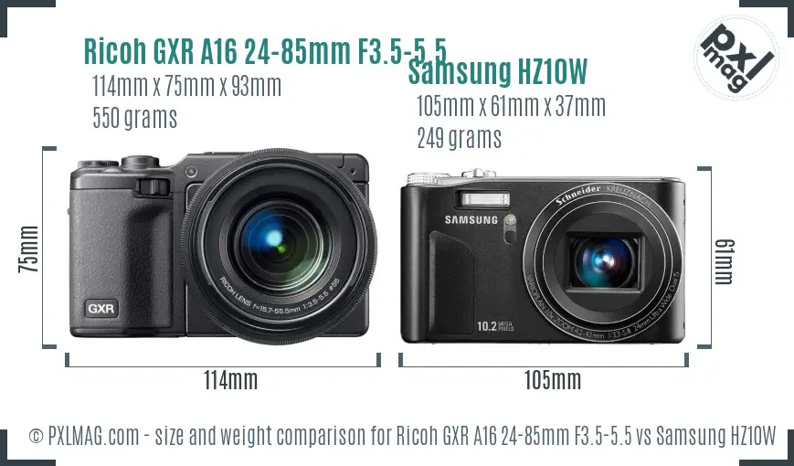 Ricoh GXR A16 24-85mm F3.5-5.5 vs Samsung HZ10W size comparison