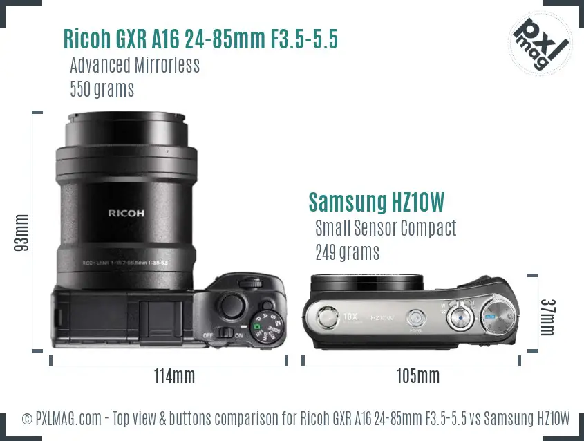 Ricoh GXR A16 24-85mm F3.5-5.5 vs Samsung HZ10W top view buttons comparison