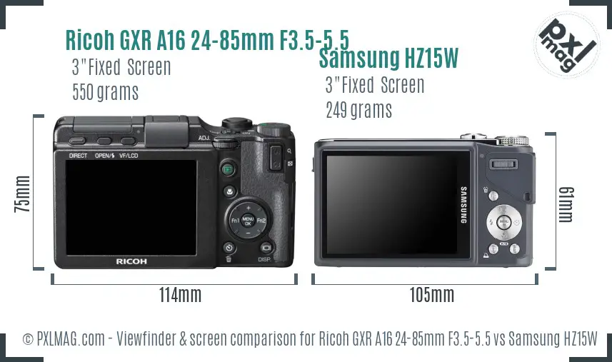 Ricoh GXR A16 24-85mm F3.5-5.5 vs Samsung HZ15W Screen and Viewfinder comparison
