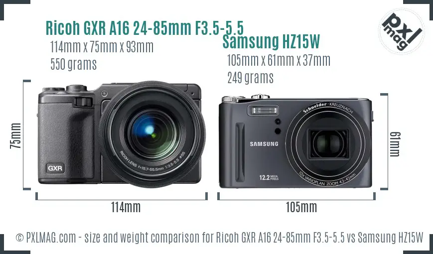 Ricoh GXR A16 24-85mm F3.5-5.5 vs Samsung HZ15W size comparison